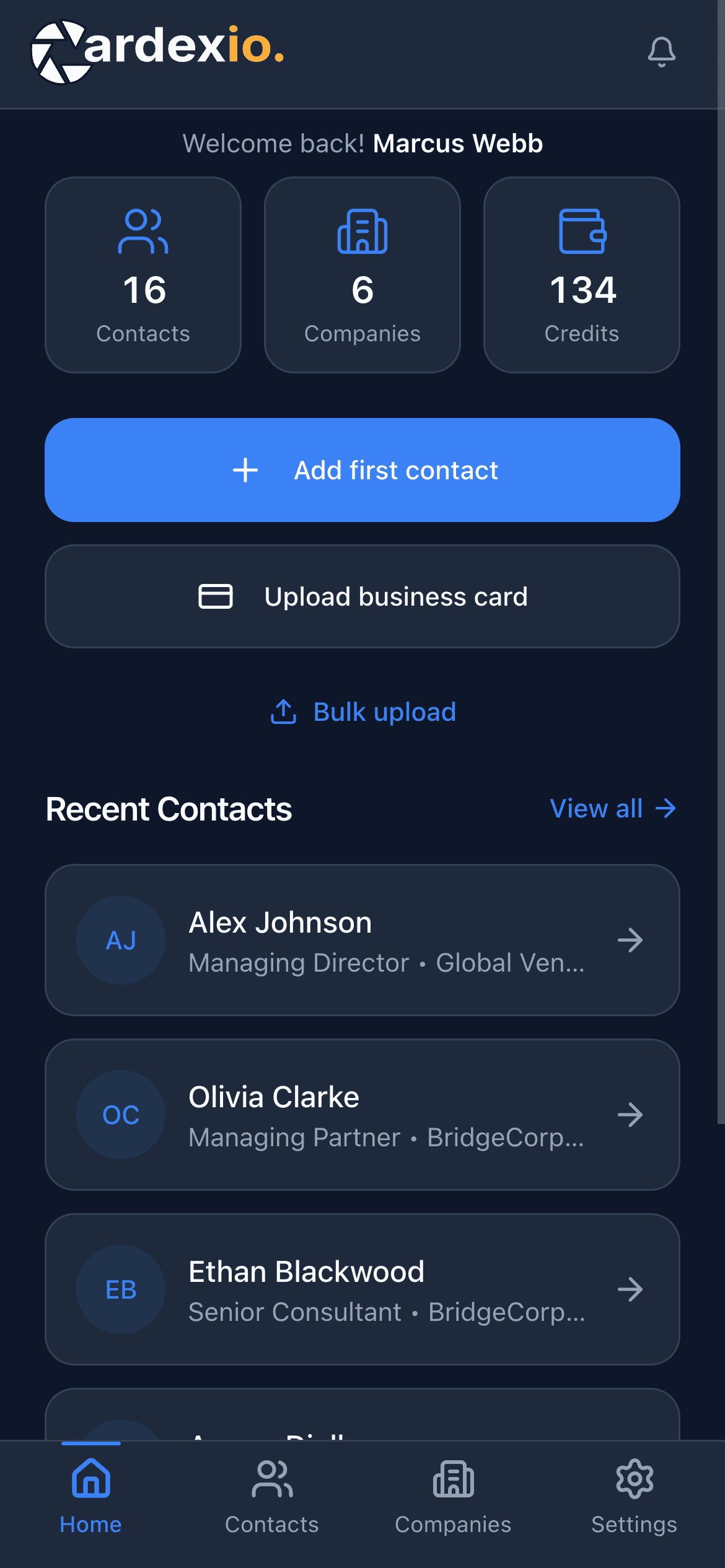 Cardexio mobile app showing the same 16 contacts and recent activity